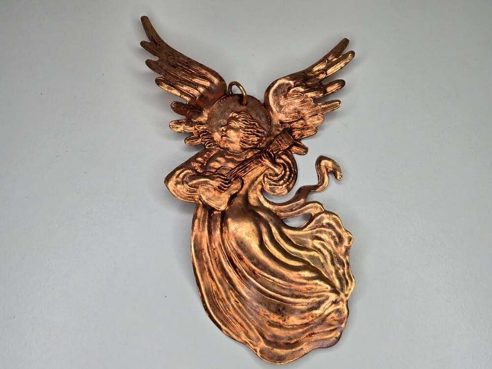 Vintage Copper Angel Playing Mandolin Wall Hanging Ornament